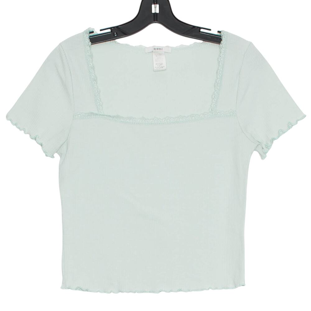 Acemi Top Y2K Cottage Milkmaid Coquette Square Neck Lace Lettuce Hem Blue Large